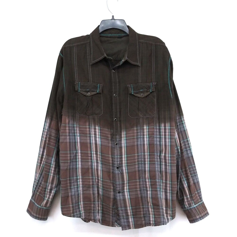 Request Shirt Mens Size XL Brown Plaid Fade Snap Button Up Western Cowboy